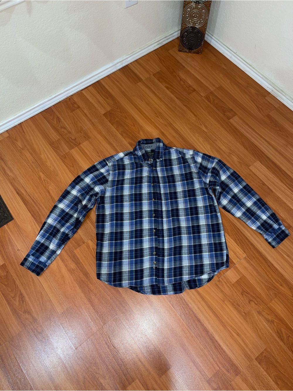 Eddie Bauer Blue and White Plaid Long-Sleeve Button-Down Shirt